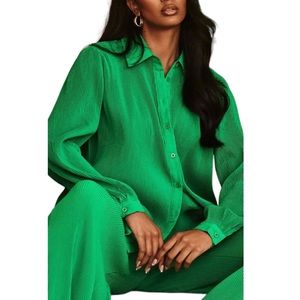 Green Plisse Button Front Oversized Shirt & Pants set